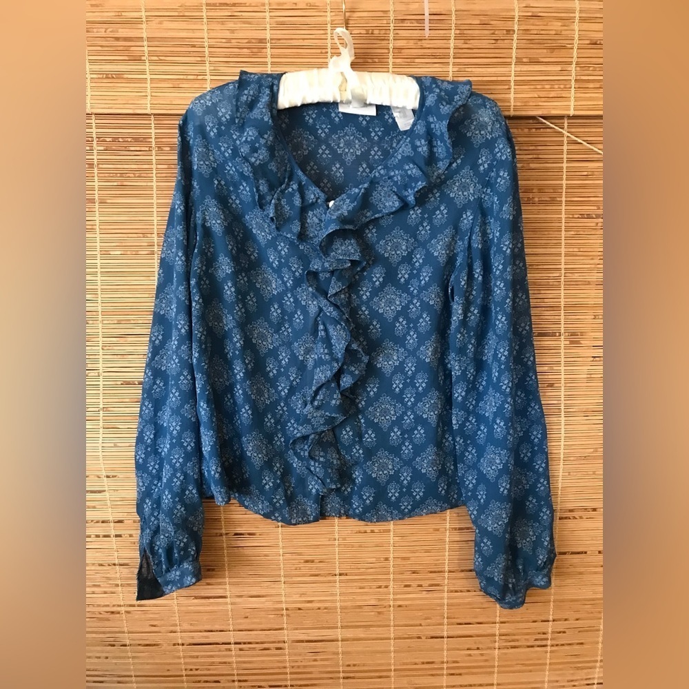 Liz Claiborne Lizwear Jeans Ruffle Front Blouse Peasant Sleeves Size M